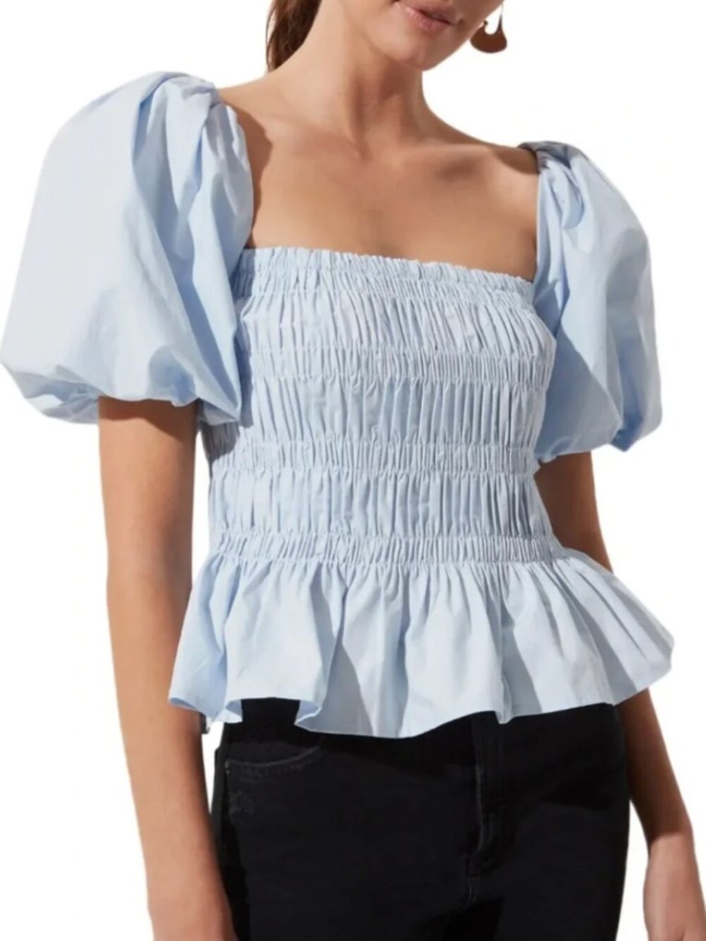 ASTR The Label Savina Puff Sleeve Top Light Blue Smocked Peplum M